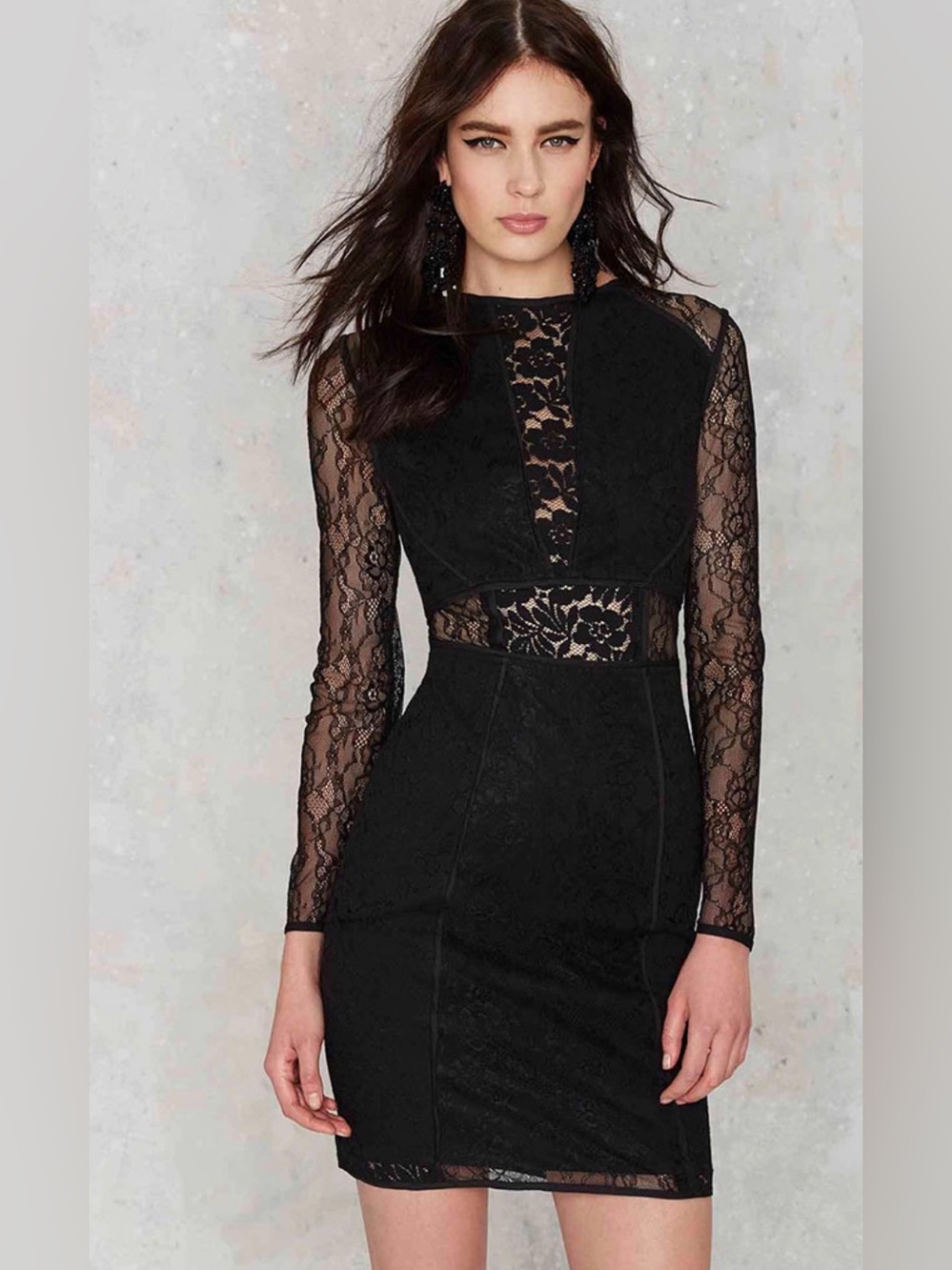 Endless Rose Anthropologie Long Sleeve Lace Mini Pencil Dress Open Back S Black